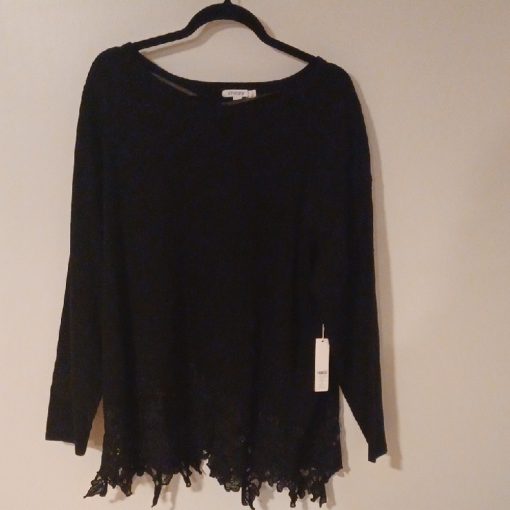 NWT Chico's Classic Black Sweater with Lace Bottom